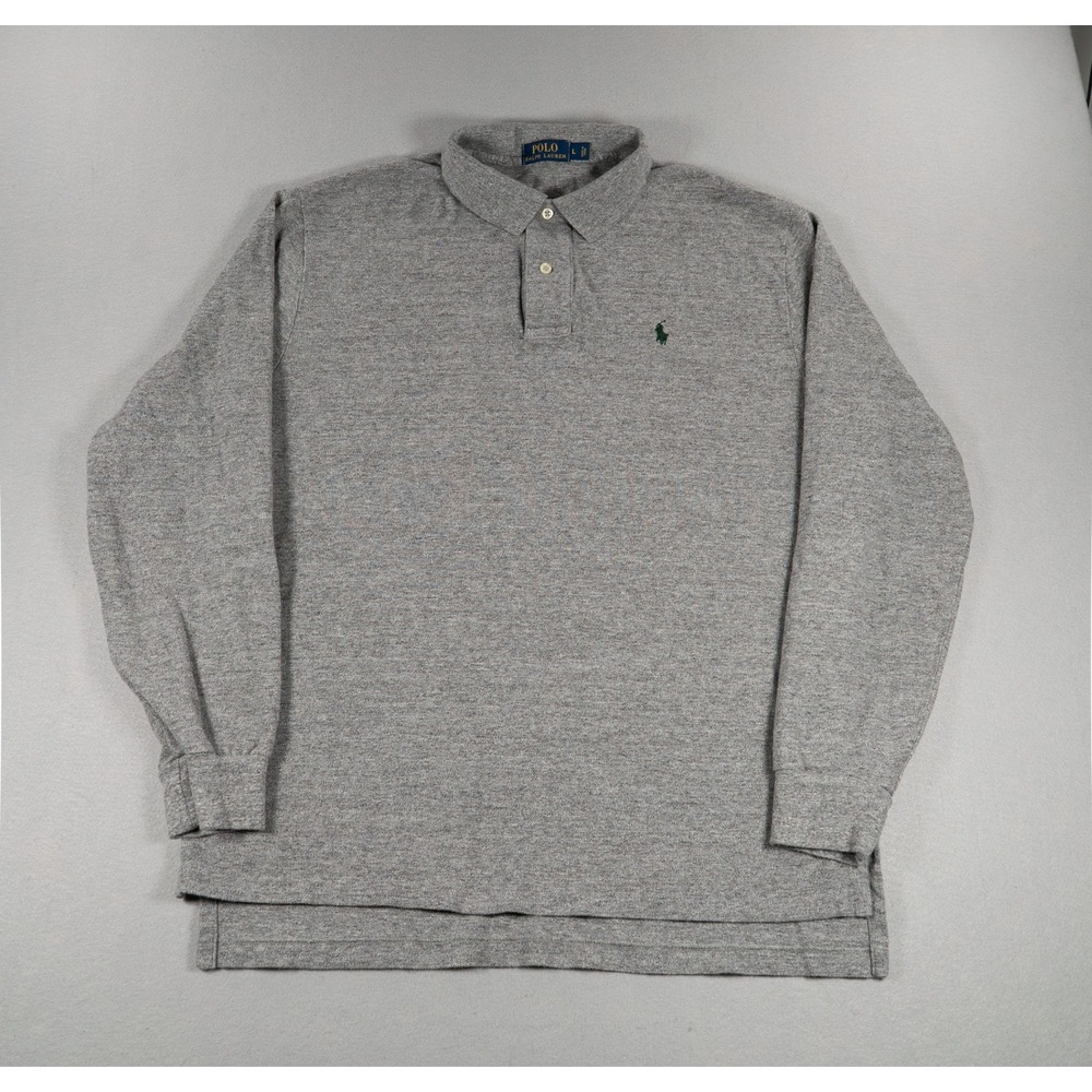 Polo Ralphβ Lauren Mens Long Sleeve Polo Shirt Heather Grey Cotton Large Logo